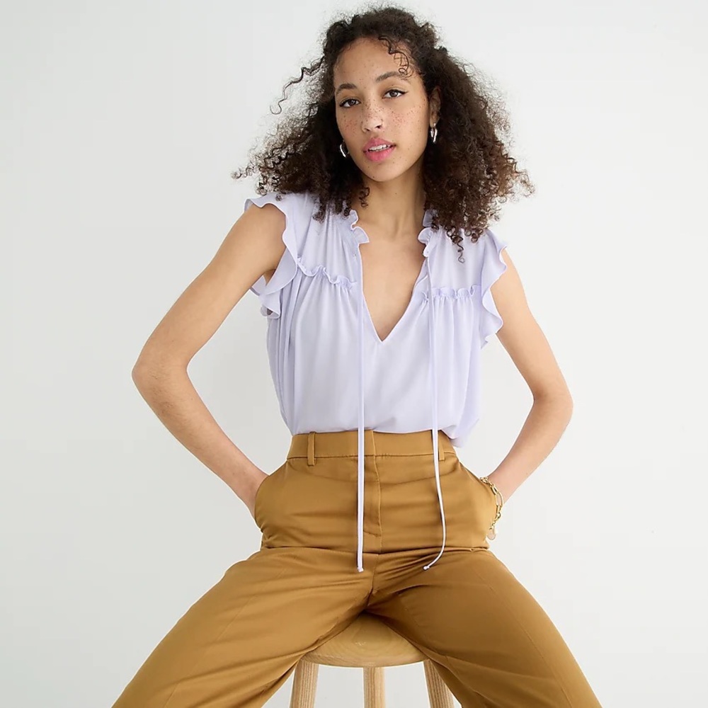 New j crew lavendar ruffle tie neck top